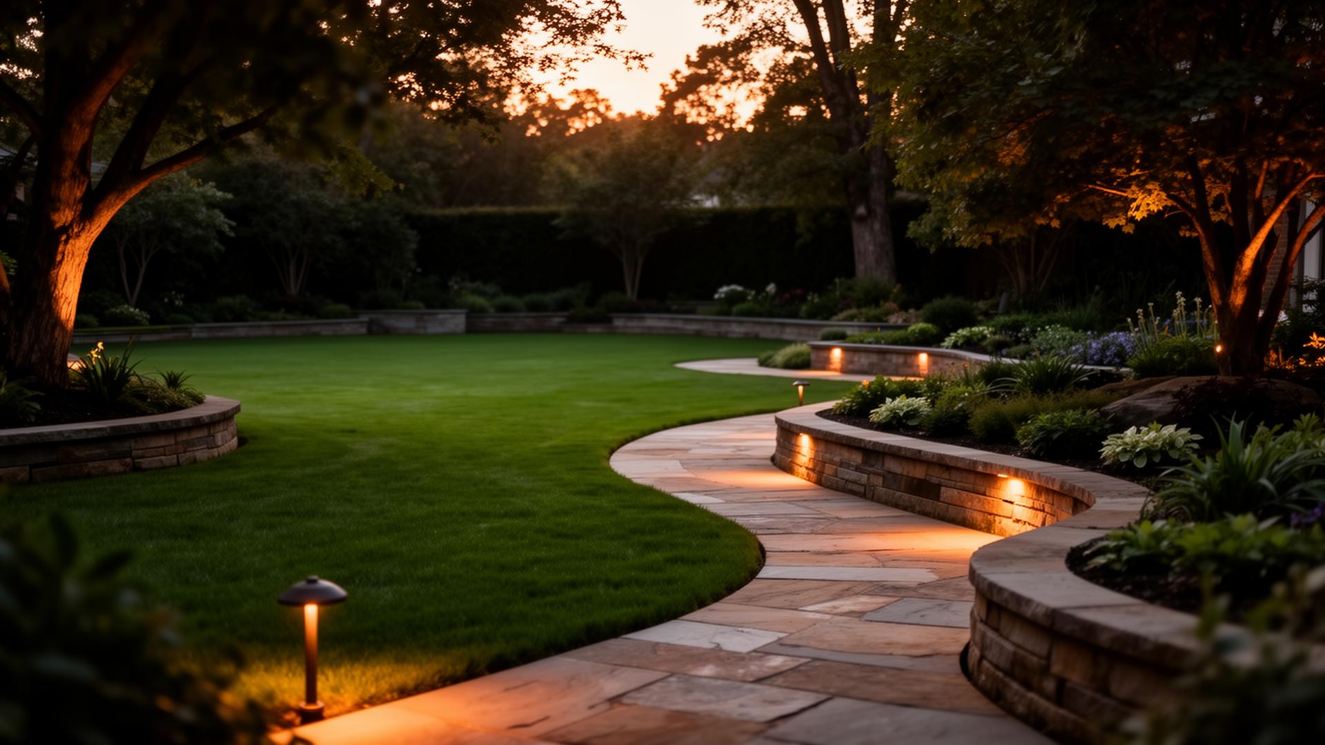 Premium residential backyard at golden hour with stone pathway and landscape lighting